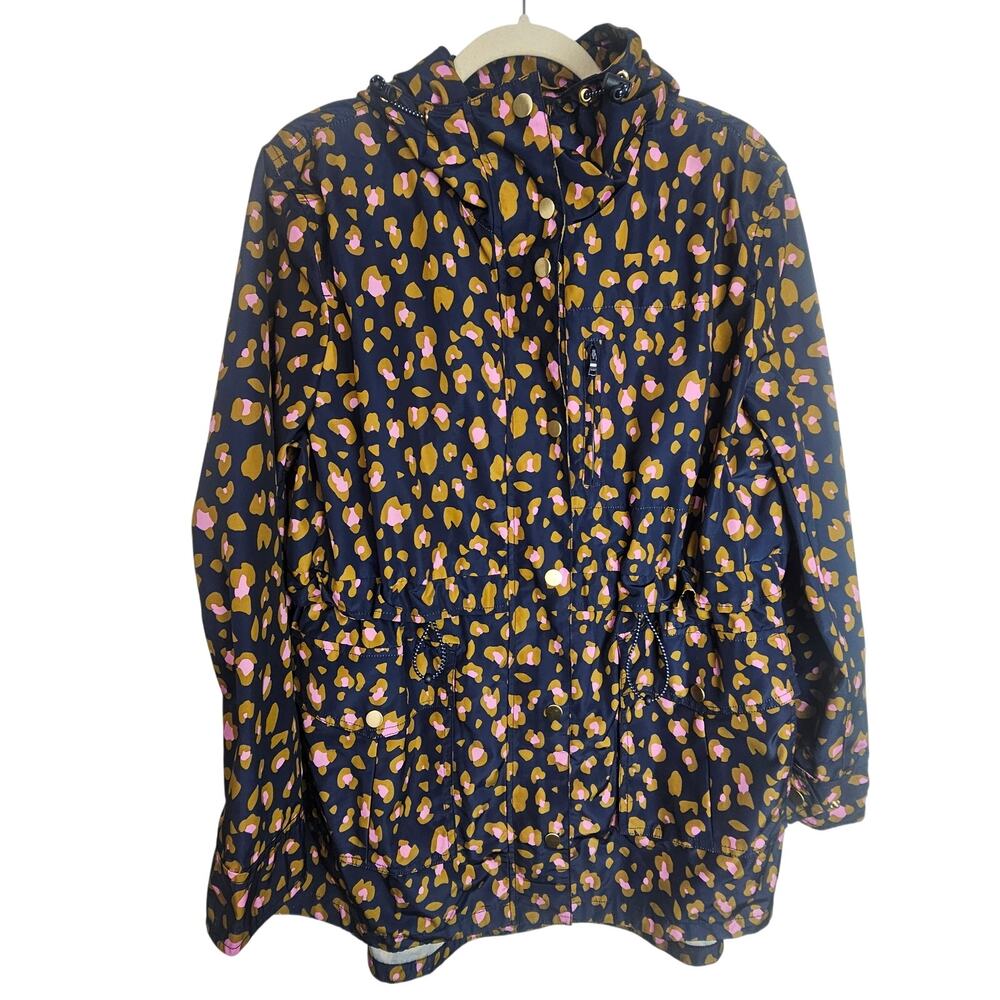 J. Crew Womens Perfect Raincoat Leopard Print Size M Hooded Full Zip Snap Preppy